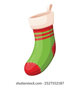 A vibrant Christmas stocking featuring green and red colors is placed against a white background, perfect for adding a festive touch to holiday decor and celebrations.