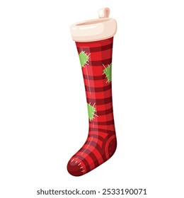 A vibrant Christmas stocking in red and green features a soft white cuff, perfect for filling with gifts and treats during the holiday season, isolated on a white background.