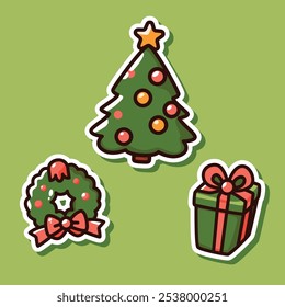 A vibrant Christmas-themed illustration featuring a decorated tree, a festive wreath with a bow, and a wrapped gift box. Perfect for holiday designs, cards, and seasonal promotions