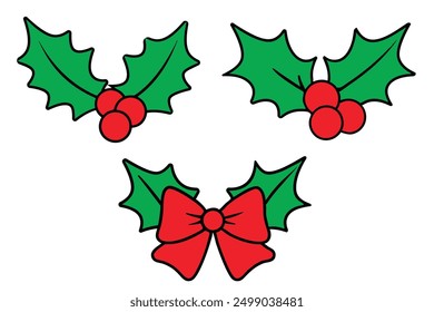 A vibrant Christmas-themed illustration featuring lush green leaves adorned with bright red berries, perfect for holiday designs and seasonal greetings.