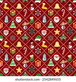 Un patrón sin fisuras vibrante de Navidad con Santa Claus, muñecos de nieve, campanas de vacaciones, regalos, árboles de Navidad y otros iconos festivos dispuestos en una rejilla de diamantes sobre un fondo rojo.