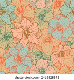 Vibrant chrysanthemum flower seamless design. Hand drawn bouquet background. Poppy bloom with contour petals. Packaging print. Field blossom summer periodic sample botanic motif.