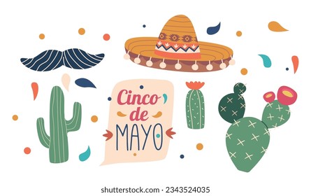 Vibrant Cinco De Mayo Banner Adorned With Cactus, Sombrero Hat, And Stylish Mustaches, Festive Design