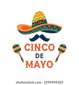 Vibrant Cinco de Mayo Celebration Icon with Sombrero, Mustache, and Decorative Maracas