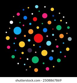 A vibrant circle composed of colorful dots set against a black background