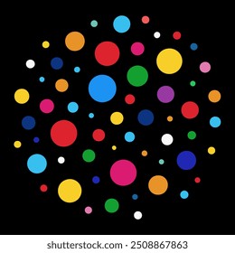 A vibrant circle composed of colorful polka dots set against a black background
