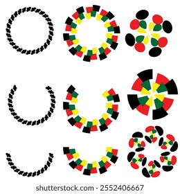 Vibrant circular abstract designs with colorful geometric patterns in red yellow green and black