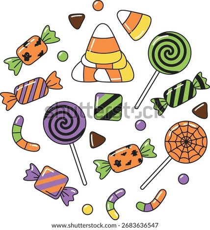 A vibrant, circular arrangement of assorted Halloween candies and lollipops against a dark background, perfect for festive designs.
