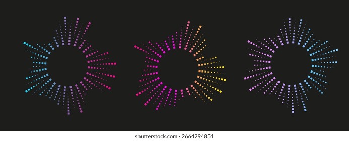 Vibrante visualización circular de la señal de audio en colores neón. Diseño radial inspirado en ecualizadores para música, radio e iconos de destino. Ilustración vectorial.