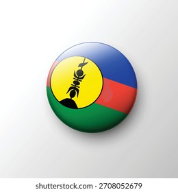 Una vibrante insignia circular con la bandera de Nueva Caledonia con sus audaces rayas y el disco central amarillo que contiene el emblema simbólico, presentado en estilo 3D brillante.