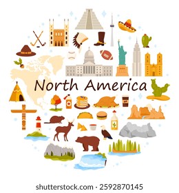 A vibrant, circular collage featuring iconic landmarks, culinary delights, and native wildlife representing the diverse culture and geography of North America.