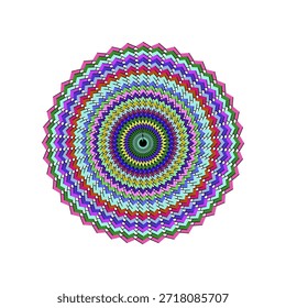 Um design circular vibrante com padrões concêntricos em ziguezague nas cores do arco-íris