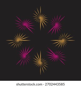A vibrant circular design featuring radiating dotted patterns in gold and magenta against a dark background creating a modern and eyecatching visual. EPS Vector Illustration