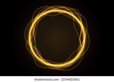 A vibrant circular formation of golden light trails over a dark background, radiating energy.