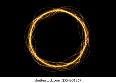 A vibrant circular formation of golden light trails over a dark background, radiating energy.
