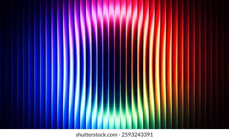 Vibrant circular gradient pattern with ribbed fractal glass texture effect blending neon rainbow colors. Futuristic background with fluorescent wave effect perfect for creative digital designs. Vector