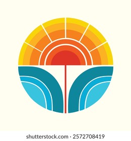 A vibrant circular graphic and vector illustration featuring a sunrise in orange and yellow with abstract blue leaf shapes, ideal for modern art or decor.