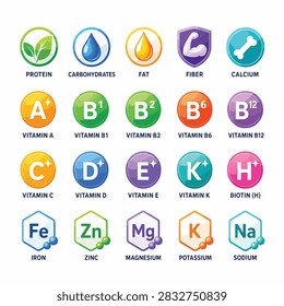 Vibrant circular and hexagonal icons representing essential nutrients