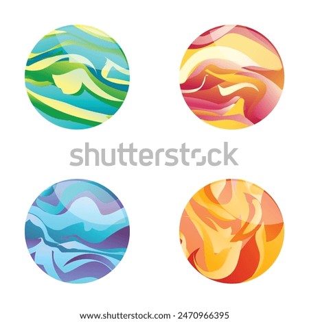 Vibrant, circular icons representing the four elements, water, earth, air, and fire, in a modern abstract style