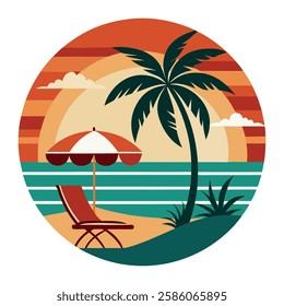 A vibrant circular illustration featuring a tropical beach scene with a palm tree, lounge chair, and umbrella against a stunning retro sunset.