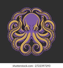 Ilustração vibrante e circular de um polvo com corpo roxo e tentáculos amarelos, sobre um fundo escuro.