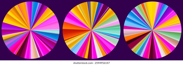 Vibrant circular lively explosions set of colors forming geometric radial patterns with unique polar coordinates burst effect. Harmonious vibrant spectrum rays extend from center. Vector illustration