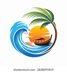 Vibrant circular logo of palm tree boat and sunset wave