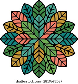 A vibrant circular mandala design composed of overlapping stylized leaves in various shades of green, gold, and pink, isolated on white background.