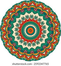 Vibrant circular mandala design showcases intricate floral and geometric patterns.