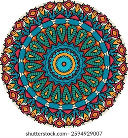 Vibrant circular mandala design showcases intricate floral and geometric patterns.
