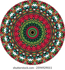 Vibrant circular mandala design showcases intricate floral and geometric patterns.