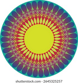 Vibrant circular mandala with intricate gradient patterns and bold colors.