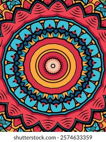 Vibrant Circular Mandala with Red, Blue, and Yellow Tones
