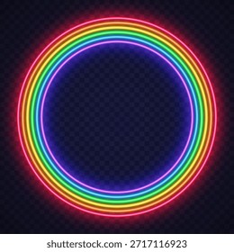 Un marco de neón circular vibrante hecho de líneas de arco iris brillantes sobre un fondo transparente. La forma lisa agrega un acento dinámico ideal para logotipos o diseños digitales.