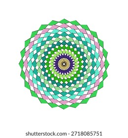 Um padrão circular vibrante de quadrados tecidos em tons de verde e rosa