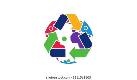 A vibrant circular recycling icon featuring colorful arrows and a stylized world map silhouette in the center