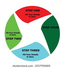 A vibrant circular step-by-step infographic template featuring four distinct sections in red green, and white ideal for presentations business planning, and educational purposes