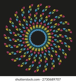 Vibrant circular swirl. Colorful Vector ornament. Bright mandala detail. Pitch black background. EPS 10.