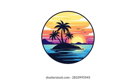 A vibrant circular vector illustration depicting a tropical island with palm trees set against a colorful sunset over the ocean.