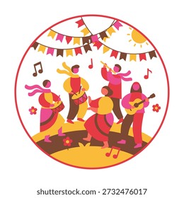 A vibrant circular vector illustration showing musicians and dancers celebrating an outdoor folk festival. Stylized faceless figures play drums, flute, and guitar while a central dancer twirls in motion. Warm magenta, mustard yellow, and brown tones create a joyful, rhythmic mood inspired by community gatherings, traditional music, and cultural celebrations. Ideal for posters, banners, prints, and festive designs.