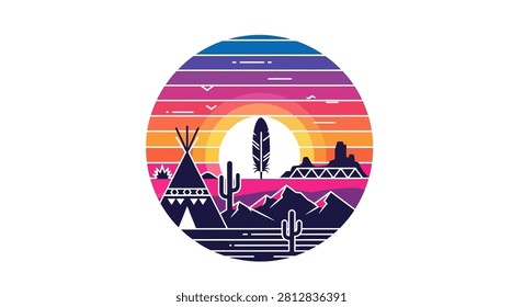 A vibrant circular vector illustration of a western desert landscape featuring a teepee, cacti, mountains, and a large sun under a colorful sunset sky.