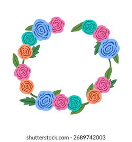 A vibrant circular wreath design featuring hand-drawn flowers and leaves in diverse colors, perfect for decorations, invitations, and crafting projects.