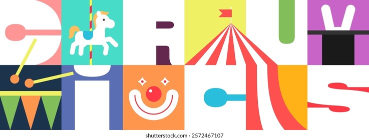 Vibrant circus banner with bold typography and colorful graphics. Festive carnival poster featuring marquee, tent, and playful elements perfect for events, shows, parades and amusement park promotions