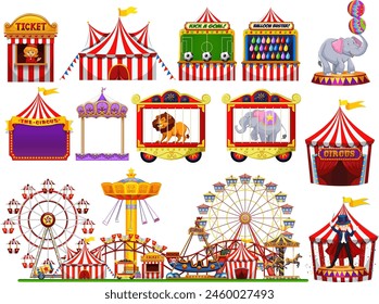 Vibrant circus scene with tents, animals, and games