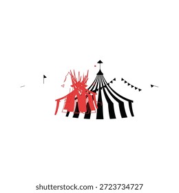 Tienda vibrante del circo con el acróbata rojo y los puntos negros en fondo blanco