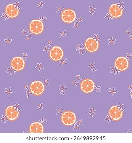 Citros vibrantes e ilustração de flor com fatias de laranja e flores roxas em um fundo lilás. Perfeito para o verão, impressões têxteis, embalagens e projetos de design de superfície. 