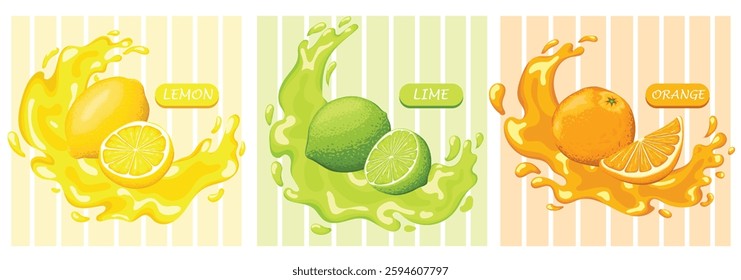 Vibrant Citrus Fruit Splash Illustration – Fresh Lemon, Lime, and Orange with Juice Splashes on a Striped Background.