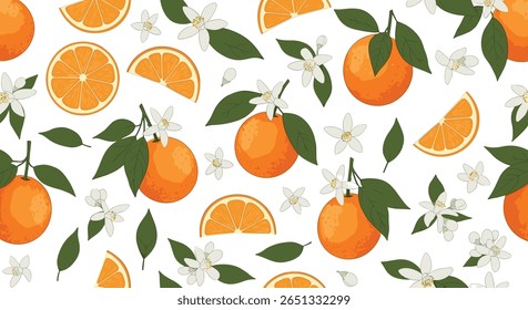 Laranjas refrescantes vibrantes de pomares cítricos e padrão de flores para o verão