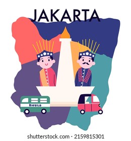 Vibrant city of Jakarta. Indians, culture, abstract images. Old cultures, ancient countries and cities. Unusual traditions, big houses. Cartoon flat vector illustration isolated