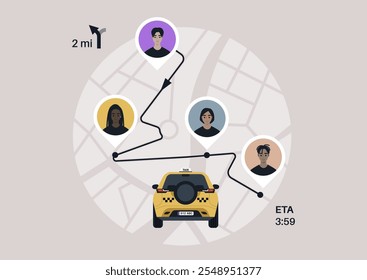 A vibrant city map displays a carpool taxi navigating to pick up passengers, illustrating the efficient ride-sharing network and estimated arrival time for an interactive travel experience